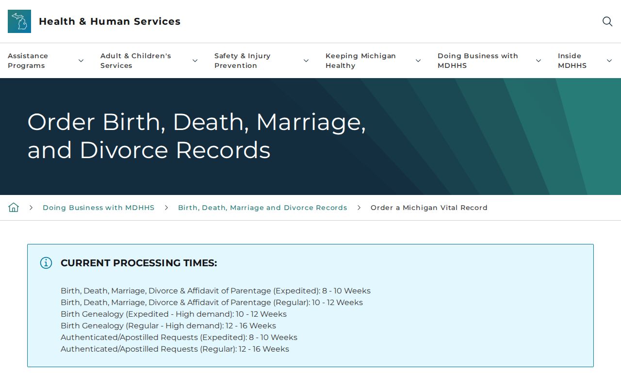 Ingham County residents directory Michigan vital records order page