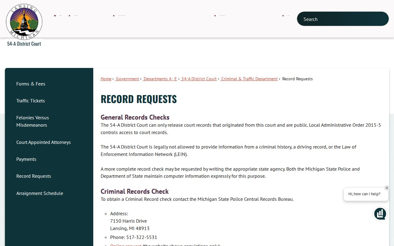 Ingham resident lookup record request information for Lansing District Court